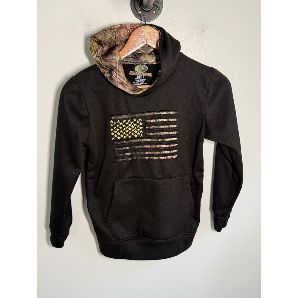 Mossy Oak Boys Black Camo American Flag Hoodie Sweatshirt Size 10/12